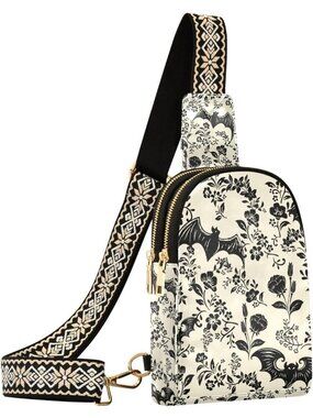 Women's Bat Flowers Leather Sling Chest Fanny Pack Hiking Shoulder Crossbody Bag